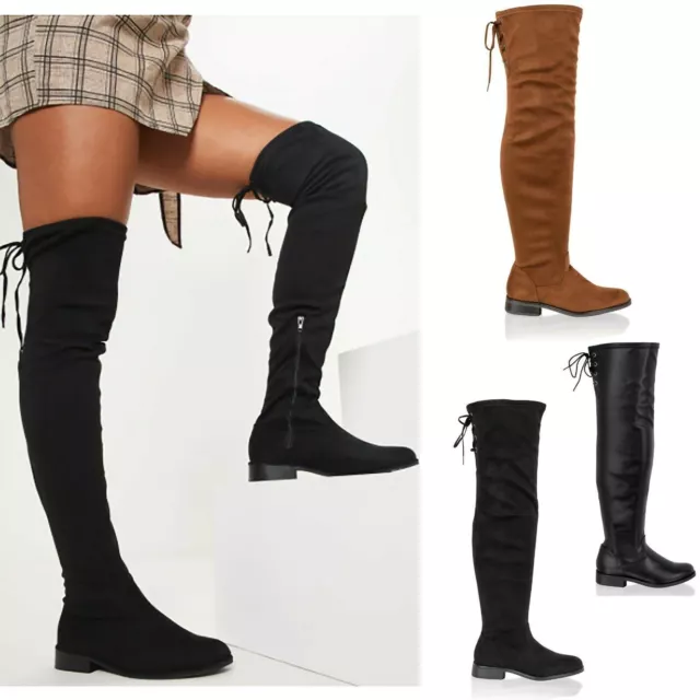 Womens Ladies Thigh High Boots Long Over The Knee Low Heel Lace Up Shoes Size