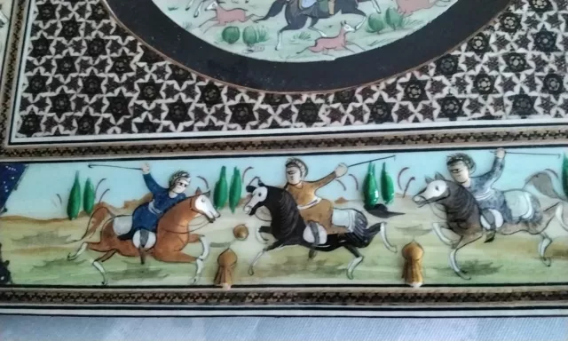 Vintage Hand Painted Persian Khatam Framed Warriors On Horses 12.3 x 12.3" VGC 3