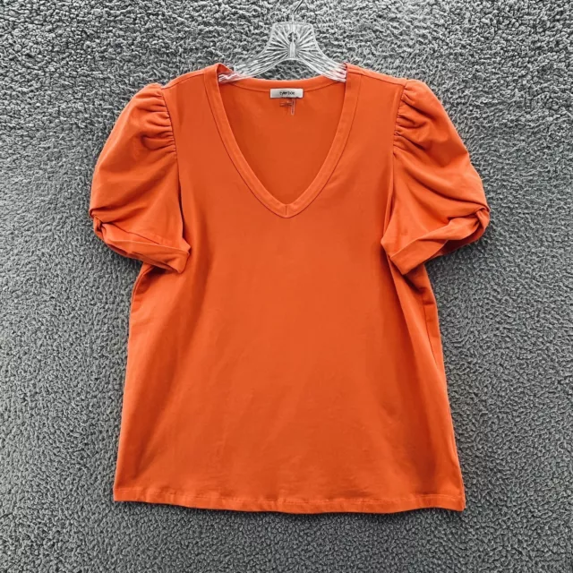 Tyler Boe Top Womens Medium Orange T Shirt Puff Sleeve Knit V Neck Pullover