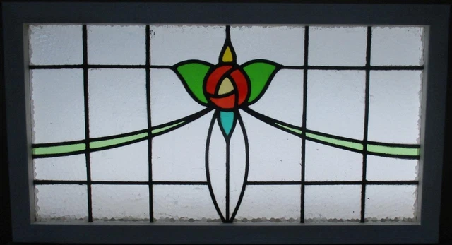 OLD ENGLISH LEADED STAINED GLASS WINDOW TRANSOM Floral Swoop 32" x 17.75" 2