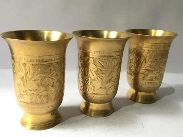 Vintage Brass Mughlai Glass Cup Tumbler Embossed Leaves Design Drinkware 3 Pcs 3