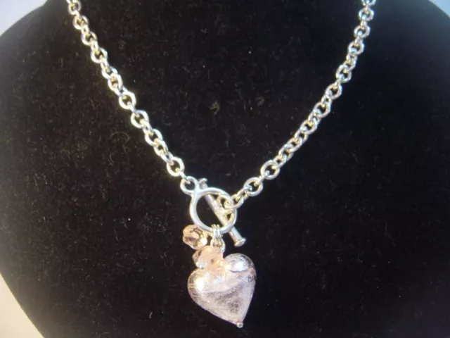 Superb Solid Silver 16"Ovals Necklace-Pink Shimmery Glass Heart & Roses-Quality