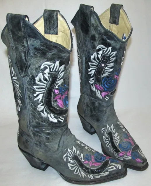 Corral Black Pink HorseShoe Embroidered Leather Cowboy Boots Womens Size 6.5 M