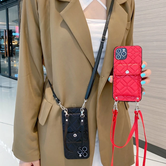 For iPhone Samsung Huawei Classic Rhombic Wallet Card Bag Strap Women Phone Case