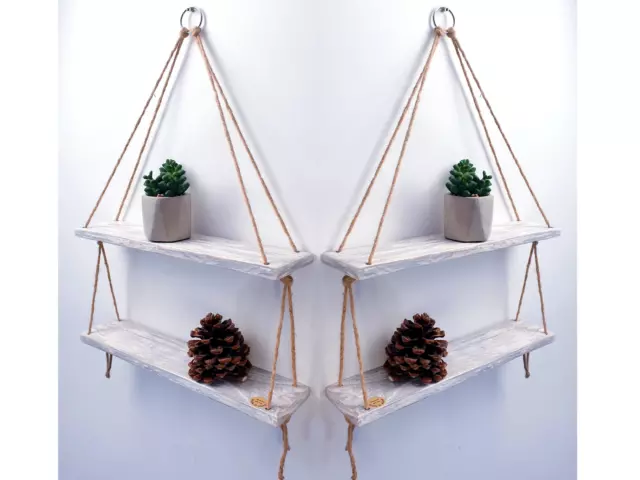 Rustic Shelves Handmade Wooden Natural Wood Floating Hanging Rope Wall Shelf 3