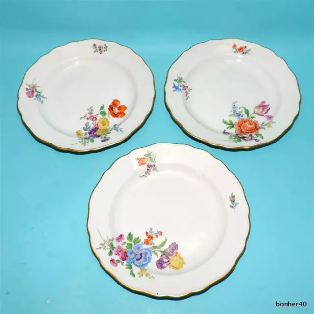 Antique German 3 Floral Handpanted Meissen Porcelain Plates Streublumchen ?