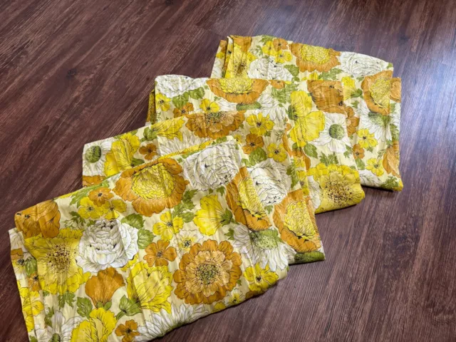 Vintage Flower Power Curtains Panels Cotton Yellow Green Set Of 4