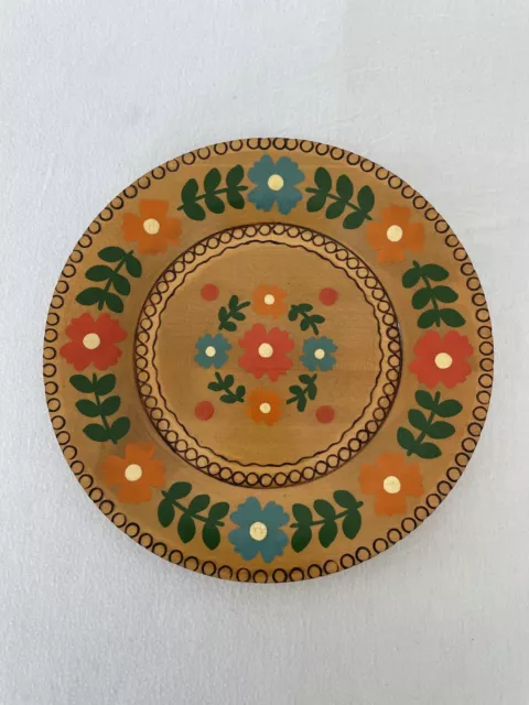 Vintage Hand Carved Painted Wood Polish Folk Art Hanging Wall Plate 9" Poland