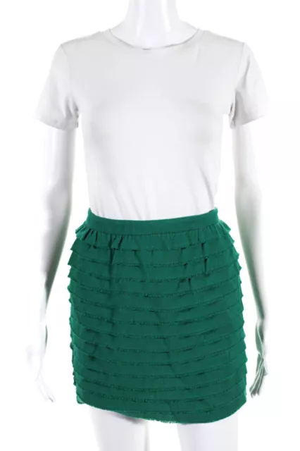 3.1 Phillip Lim Womens Back Zip Fringe Tiered Mini Skirt Green Wool Size 6