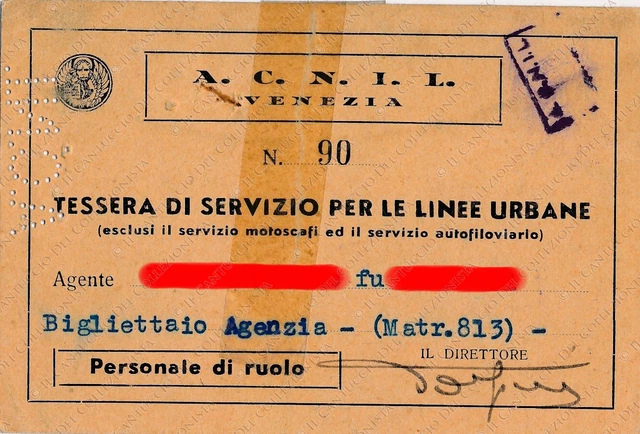 1949 ACNIL Venezia tessera di servizio per le linee urbane