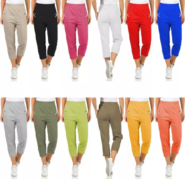 Womens Summer Three Quarter 3/4 Capri Pants Stretchy Elasticated Pocket Trousers