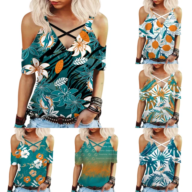 Miami Dolphins Womens Cold Shoulder Tee Tops Criss Cross V-neck Summer T-shirt