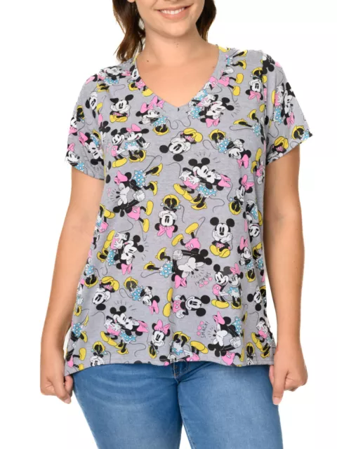 Minnie & Mickey Mouse T-Shirt V-Neck All-Over Print Gray Women's Plus Size