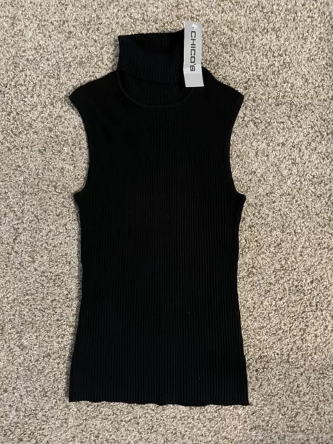 Chico's Women Silk Blend Black Ribbed Sleeveless Sweater  Turtleneck Sz 0 NWT