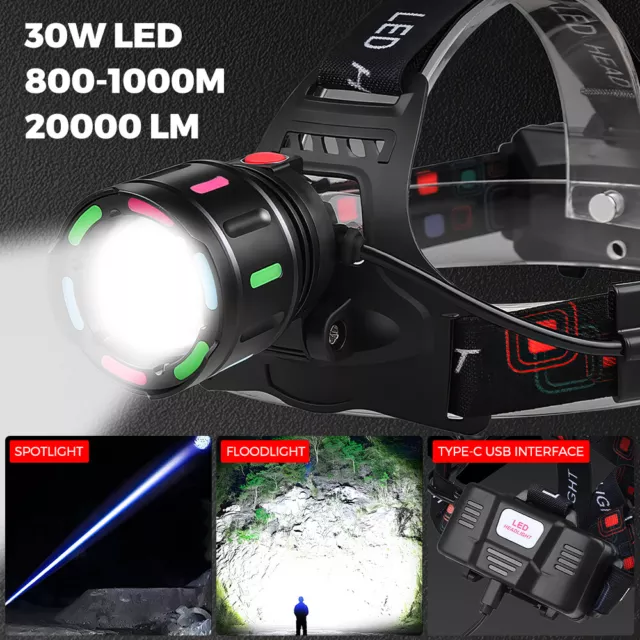 20000 Lumen LED Headlight Waterproof Rechargeable Head Torch for Camping Hiking