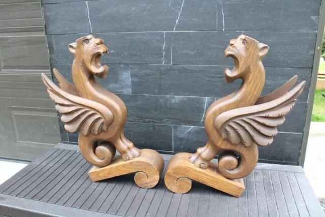 Antique Pair Of Oak Carved Winged Griffin Ornament Salvage Wooden Parts Project