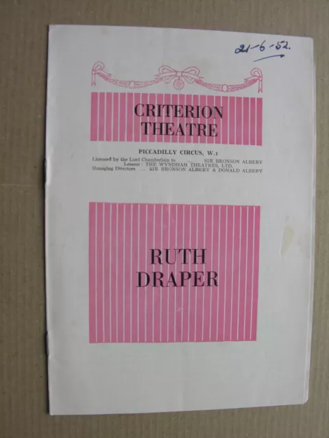 1952 RUTH DRAPER Criterion Theatre Leslie Bridgewater June 21st Programme