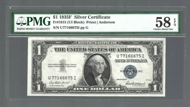 US Silver Certificate 1935F ✨ $1 Fr#1615 ✨ PMG 58 EPQ CHOICE ABOUT UNC #2693