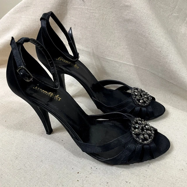 Fredericks of Hollywood Black Satin Peep Toe Heels with Ankle Straps Size 7.5