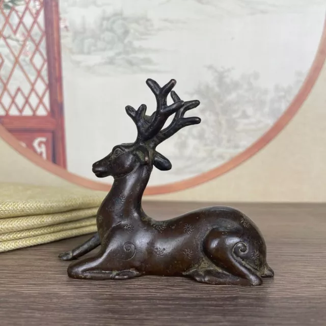 Rare Chinese Old Bronze Hand Carved deer figure Statue table decor 2