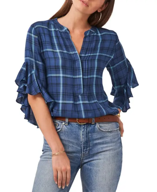 Vince Camuto Women's Flutter Sleeve Pin Tuck Front Plaid Henley Blue X-Small XS