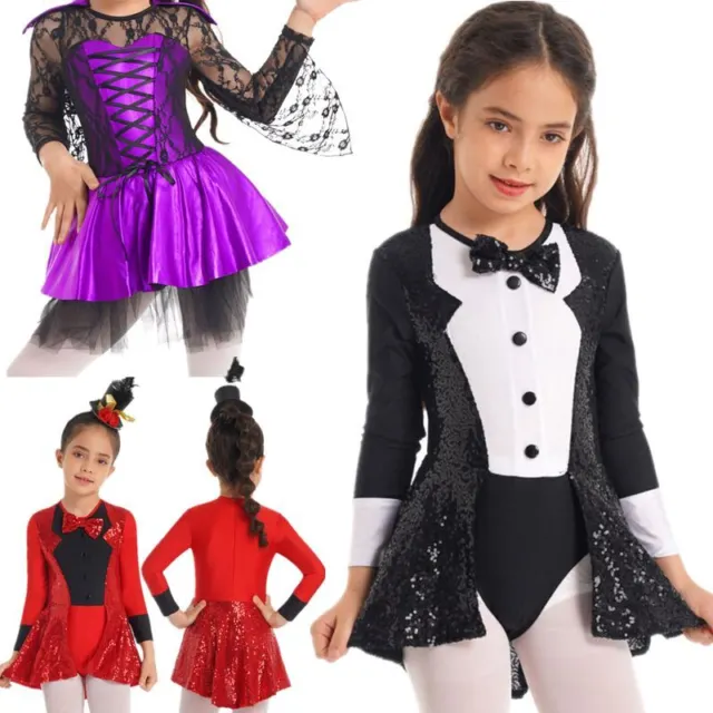 Girls Halloween Cosplay Costume Kids Witch Leotard Party Fancy Dress Outfits