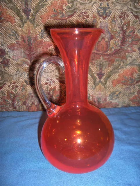 Art Glass Pitcher Ruby Red - Unknown Maker - Handmade - Unmarked. 
