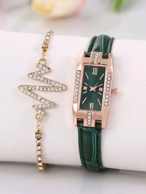 Armbanduhr Schmuckset Uhren  Damen Mädchen Grün Strass  Quarz Zeiger Geschenk