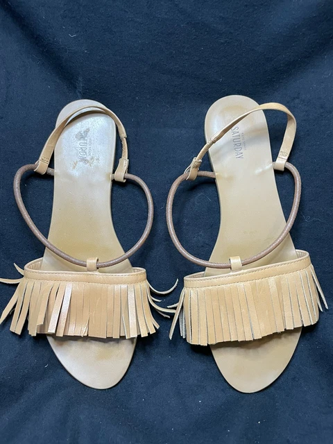 Kate Spade Saturday Tan Camel Leather Fringe Sandals Boho Flat Womens Size 7 GUC