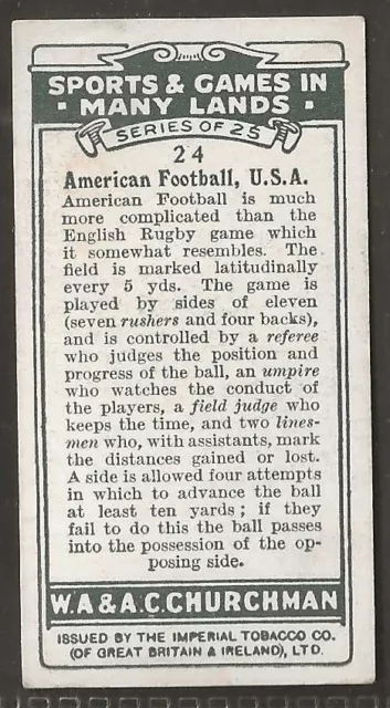 Churchman-Sports & Games In Many Lands 1929-#24- American Football - Usa 2
