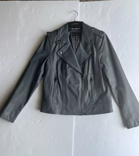 NWOT Banana Republic Womens Leather Moto Biker Jacket Steel Gray Blue S Medium 