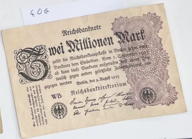 GELDSCHEIN 2 Millionen Mark 9.8.1923 DEUTSCHES REICH Schein GD Banknote Zwei Mio