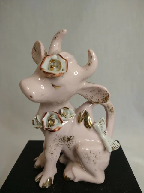 Pink Cow Gold Red Colored Accents & Pink Rose Ceramic Vintage Figurine Japan 5"