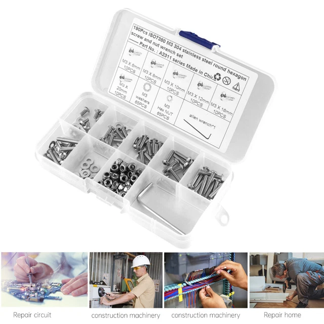 190pcs hex key wrench Steel Hex Nuts Screws and Bolts Circular Head Hexagon