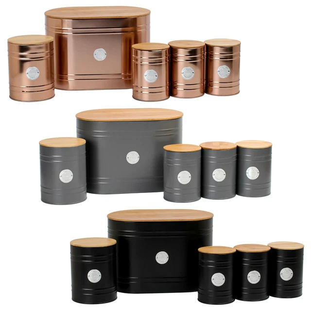 Kitchen Storage Tins 5pcs Canister Set Bamboo Lid Bread Bin