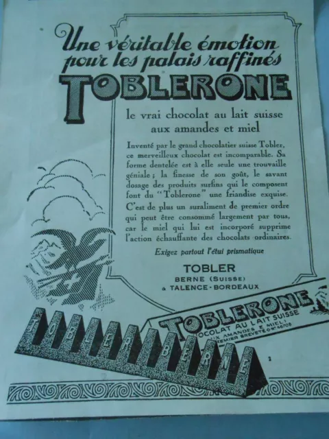 1926 Original Chocolat Toblerone le vrai au lait Suisse Amandes Print Pub AD