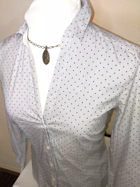 H&M Womens Light Blue and Navy Polka Dot Button Cuff Long Sleeve Blouse - Medium