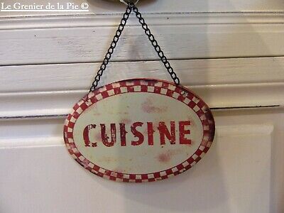 plaque de porte en métal ovale CUISINE damier rouge rétro vintage French sign