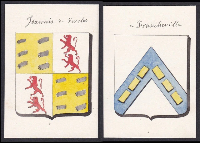 19. Siglo Francheville Joannis De Verdos Francia Escudo Abrigo De Arms Acuarela