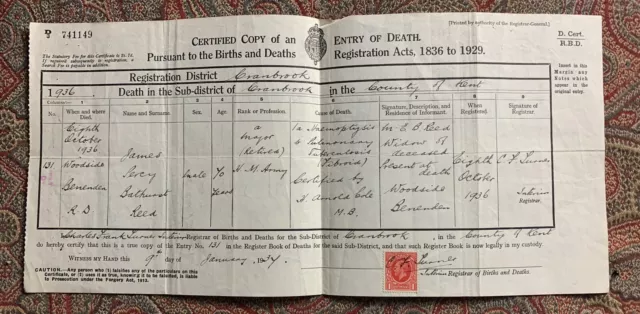 1936 Birth Certificate James Percy Bathurst Reed Cranbrook Kent Railway Interest