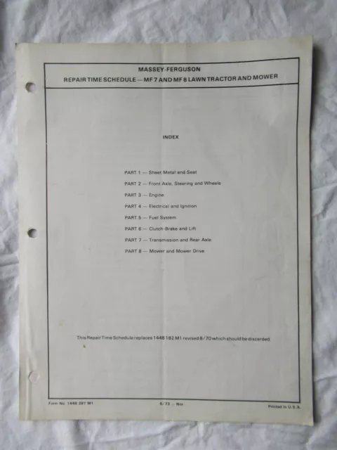 Massey Ferguson MF7 MF8 Lawn Garden Tractor Repair Estimate Time Schedule Manual