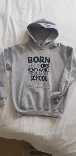 Boys Slogan 11-12 Hoodie Grey Born to play video games forced to go school VGC