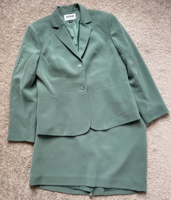 Kasper Skirt Suit Womens 10 Petite Button Blazer Skirt Career Lined Zip Green