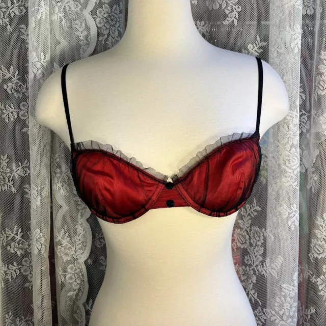 VINTAGE BEBE RED and Black Lace Push Up Bra Womens Size Small 90's
