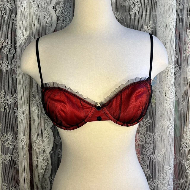 VINTAGE BEBE RED and Black Lace Push Up Bra Womens Size Small 90's