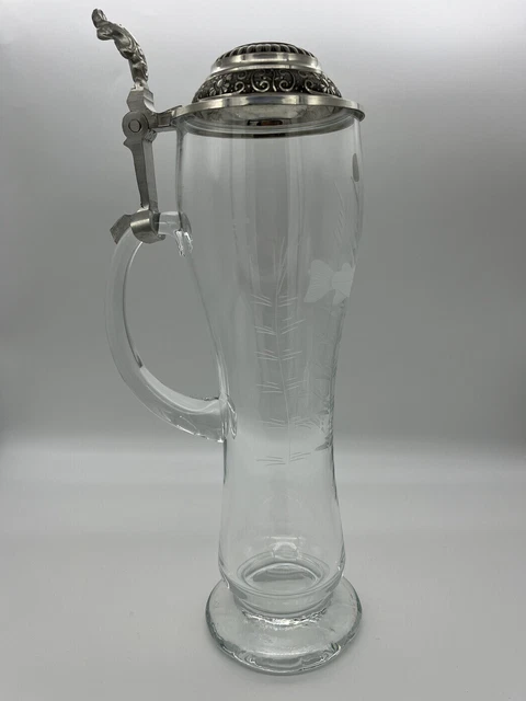 Vintage Glass Beer Stein w/Pewter Lid; Alfred Taube G.M.B.H VohenStrauss