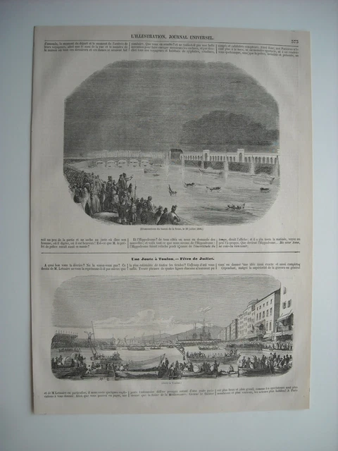 Gravure 1845. Une Joute A Toulon. A Paris, Illumination Du Bassin De La Seine...