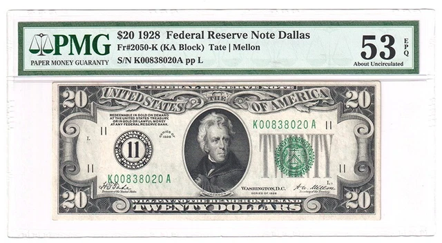 1928 $20 Dallas Federal Reserve Note Fr#2050-K. PMG AU53 EPQ. Y00011239