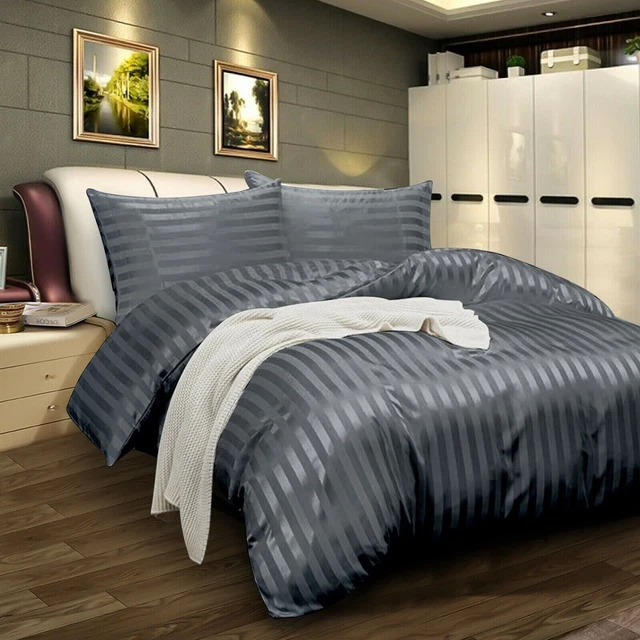 Copripiumone a righe egiziano copripiumone trapunta 3 pezzi set biancheria da letto raso grigio re uk