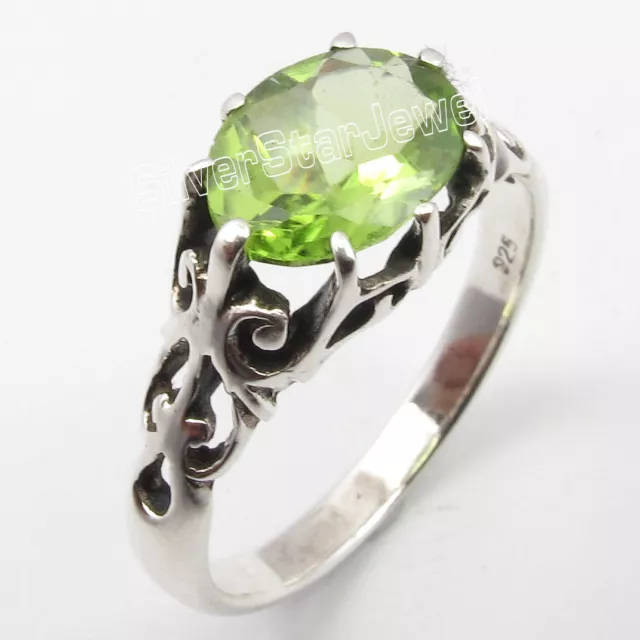 .925 Solid Silver FACETED GREEN PERIDOT Cage Setting HANDWORK Ring Any Size NEW